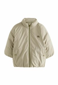 Puffjacka i ljusbeige med ståkrage, framdragkedja, två sidofickor och broderad text "COOL VIBES." Slät textur.