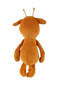 Soft, orange, textured plush toy with antennae and a tail, featuring a rounded body and long arms. No visible eyes or facial features.