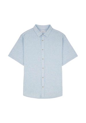 Chemise bleu clair à manches courtes avec col classique et motif texturé subtil.