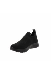 Sneaker nera slip-on con tomaia in maglia, superficie testurizzata e suola in gomma ammortizzata. Presenta un'etichetta sul tallone per indossarla facilmente.