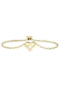 Bracciale dorato con design a catena, caratterizzato da un ciondolo a forma di cuore, dettagli con centro intagliato e chiusura a moschettone.