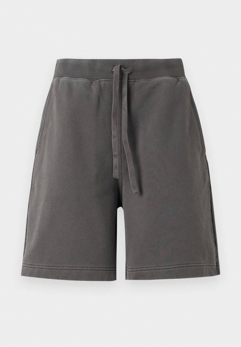 Pantaloncini casual grigio scuro con cinturino elastico in vita e coulisse frontale, realizzati in tessuto morbido e strutturato, mostrati su uno sfondo chiaro e uniforme.