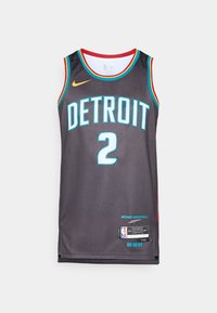 Fekete kosárlabda mez kék "DETROIT" felirattal és "2"-es számmal. Vörös és aqua színű díszítésekkel, Nike logóval és NBA címkével az alján.