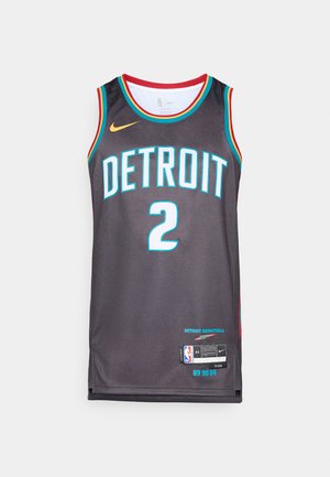 Tricou negru de baschet cu inscripția „DETROIT” și numărul „2” în albastru. Prezintă accente roșii și aqua, logo-ul Nike și eticheta NBA la tiv.