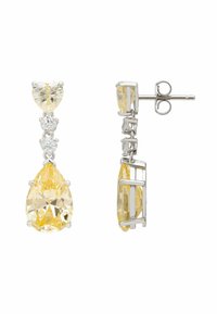 Drop earrings with silver settings featuring yellow pear-shaped and heart-shaped gemstones and small clear round stones.