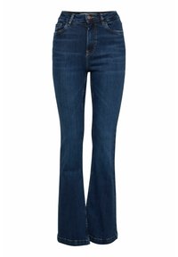 Jeans de mezclilla acampanados en azul oscuro, con una cintura alta, bolsillos frontales y un sutil detalle de costura a lo largo de las costuras.