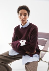 Pull marron en mélange de coton, col rond, détails en côtes. Chemise bleu clair en dessous. Pantalons larges marron foncé. Logo blanc sur le pull.