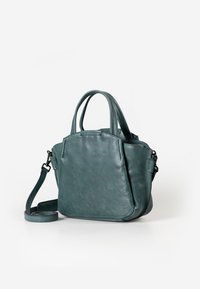 Teal leren handtas met dubbele handgrepen en een afneembare schouderriem, met een gladde textuur en een gestructureerde vorm.