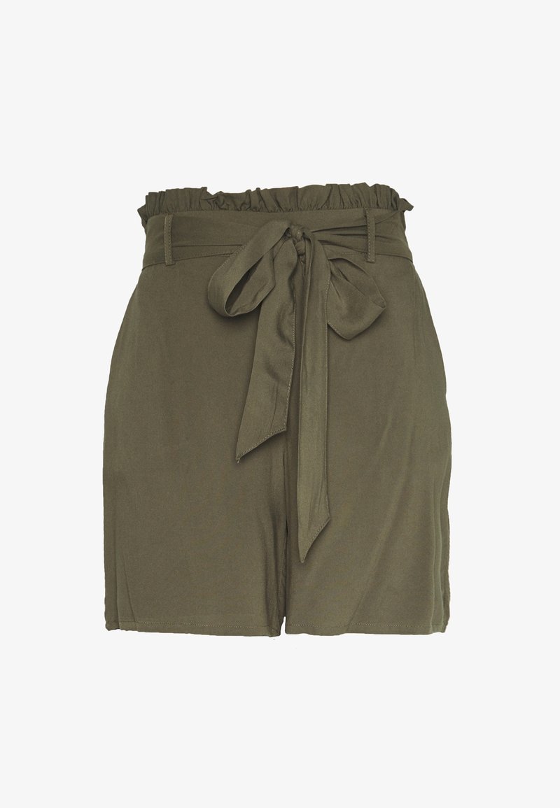 Shorts taille haute vert olive avec taille paperbag et ceinture en tissu nouée à l'avant.
