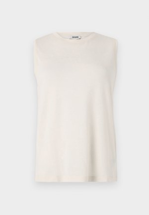 Ermeløs topp i lys beige stoff, med rund hals og en avslappet passform. Glatt tekstur uten dekorasjoner eller mønstre.