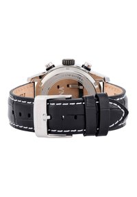 Schwarze Lederuhr mit strukturiertem Armband und weißen Nähten. Verfügt über ein Gehäuse aus rostfreiem Stahl, Chronographen-Knöpfe und Wasserdichtigkeit.