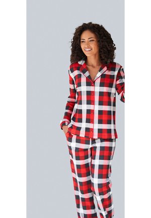 Röd, svart och vit rutigt pyjamasset bestående av en knäppbar långärmad topp och matchande byxor med fickor. Mjuk tygkvalitet och avslappnad passform.