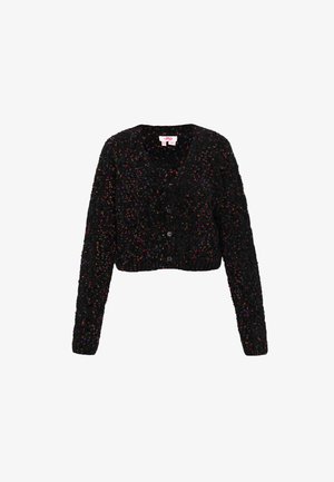 Čierny skrátený kardigán s textúrovaným povrchom, ozdobený farebnými škvrnami, má hlboký výstrih do V a dva predné gombíky. Dizajn dotvárajú dlhé rukávy.