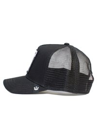 Schwarze Kappe mit Netzrücken, strukturiertem Vorderteil, gebogenem Schirm und Logodetail an der Seite. Verfügt über verschiedene Texturen von Stoff und Netz.