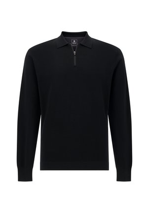 Suéter negro de manga larga con cuello de cremallera, confeccionado en tejido suave. Presenta un dobladillo y puños ajustados. Diseño simple y clásico.