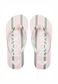 Růžové a šedé pruhované žabky s bílými pásky a logem na stélce, s důrazem ve tvaru srdce poblíž mezi prsty.