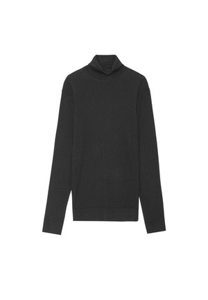 Dark gray ribbed turtleneck sweater with long sleeves, made of soft fabric, featuring a fitted silhouette and minimalistic design.