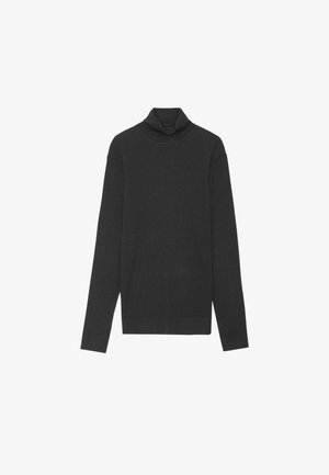 Pull à col roulé côtelé gris foncé avec des manches longues, en tissu doux, présentant une silhouette ajustée et un design minimaliste.