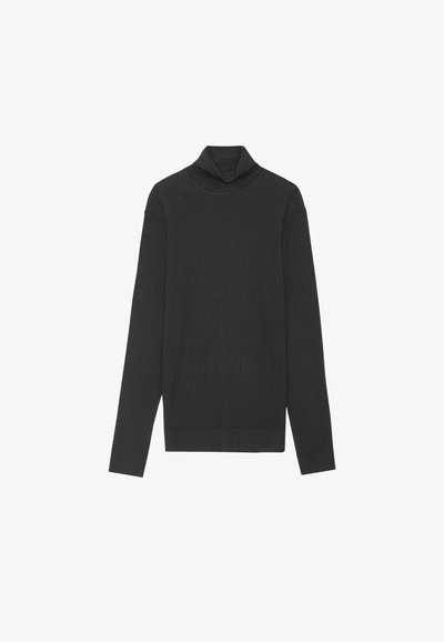 Czarnoszary sweter z golfem o ribbowanym wzorze, z długimi rękawami, wykonany z miękkiego materiału, z dopasowanym krojem i minimalistycznym wzornictwem.