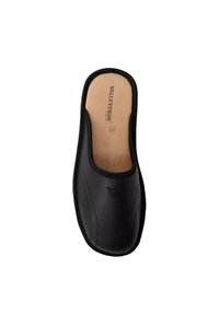Ciabatta nera in pelle liscia con una soletta morbida, caratterizzata da una forma arrotondata e dettagli di cucitura discreti. Logo del marchio presente.