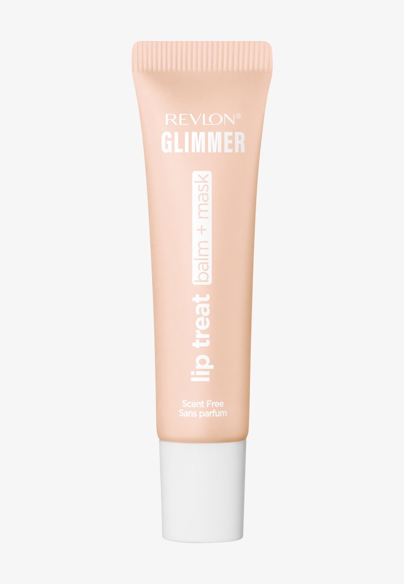 Baume et masque traitant pour lèvres Revlon Glimmer dans un tube beige à embout souple avec un capuchon blanc, étiqueté produit de soin des lèvres sans parfum.