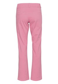 Rosa bomullbyxor med rak bendesign, utrustade med två bakfickor och knappstängning, slät textur utan dekorationer.