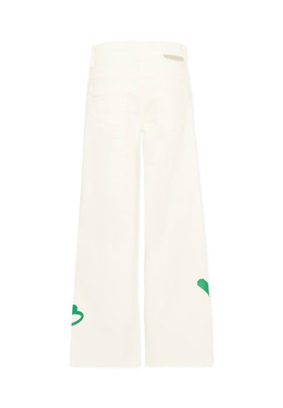 Off-white wijde broek met groene abstracte vormen nabij de pijpen, voorzien van achterzakken en een hoge taille.