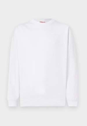White crewneck sweatshirt made from soft fabric. Features ribbed cuffs and hem. Subtle logo stitched in matching color on the chest.