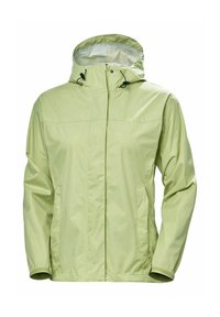Jasnozielona wodoodporna kurtka z kapturem, z przednim zamkiem błyskawicznym i regulowanymi sznureczkami. Posiada długie rękawy i boczne kieszenie. Gładka faktura.