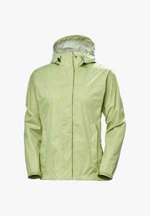 Lichtgroene waterdichte jas met capuchon, voorrits en verstelbare koordjes. Heeft lange mouwen en zijzakken. Fijne textuur.