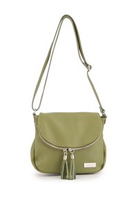 Groene lederen crossbody tas met een ritsluiting, ronde vorm en twee kwastjes. Voorzien van een verstelbare schouderband en een gemetalliseerd logo.