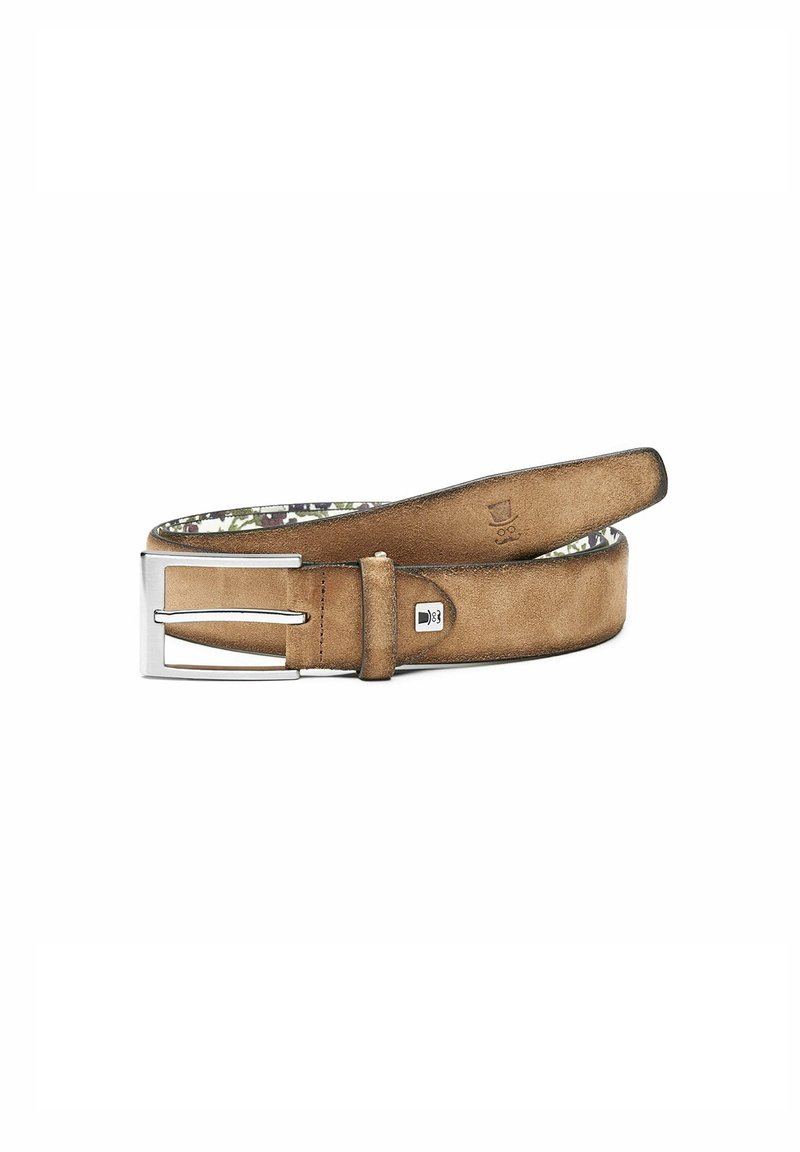 Brown suede belt with a silver rectangular buckle, featuring a patterned interior lining and stitched detailing along the edges.
