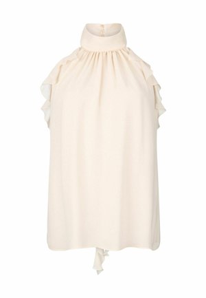 Top beige chiaro con collo alto, maniche a volant e vestibilità comoda. Presenta una chiusura a occhiello sul retro con tre bottoni.
