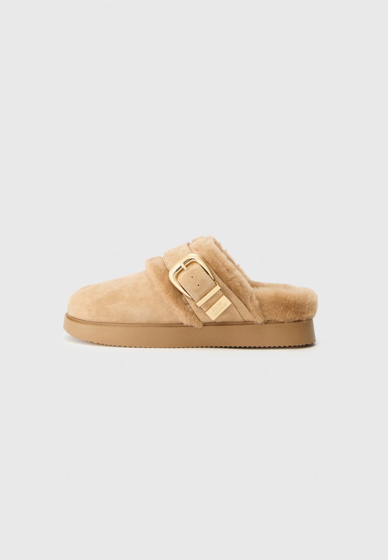 Zlatne suknje slip-on papuče od antilopa s mekim podstavom i velikim zlatnim kopčom s bočne strane, ravni potplat, izolirano na svijetlosivoj pozadini.