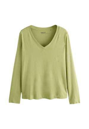 Jasnozielona, długorękawowa koszulka z dekoltem w serek o prostym wzorze, ułożona płasko na białym tle.