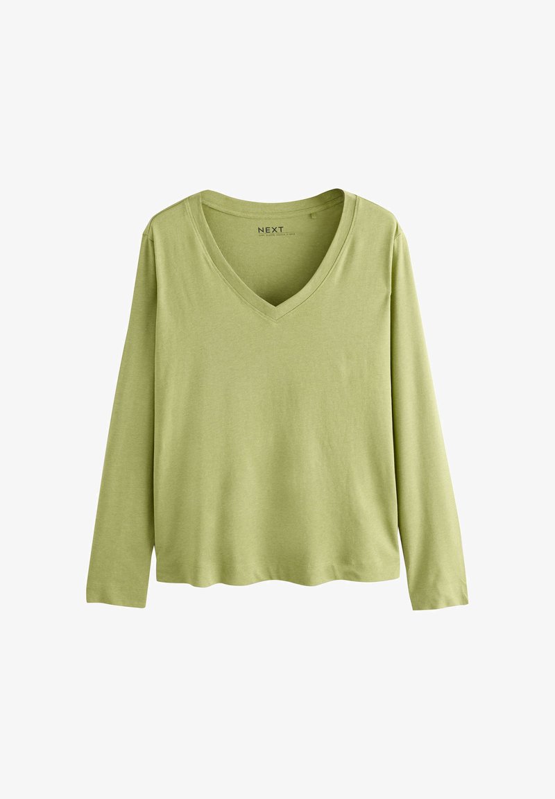Chemise à manches longues vert clair avec col en V et design simple, présentée à plat sur un fond blanc.