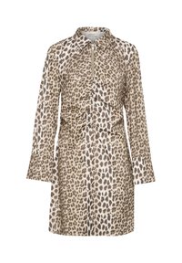 Šaty s leopardím vzorom, s golierom, predným zipsom a naťahovacím detailom. Majú dlhé rukávy a rovný strih, vyrobené z hladkej látky.