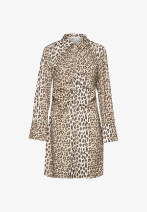 Šaty s leopardím potiskem, límečkem, předním zipem a shrnovaným detailem. Mají dlouhé rukávy a rovný střih, vyrobené z hladké látky.