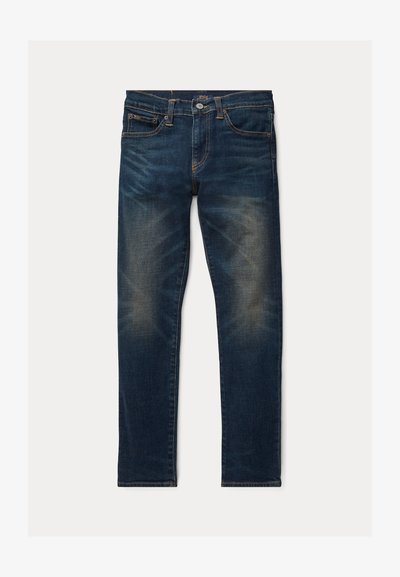 Donkerblauwe denim jeans met een slim fit, voorzien van subtiele vervaging, contrasterende stiksels, een knoopsluiting en een standaard vijf-pocket ontwerp.