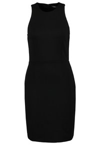 Robe noire sans manches longueur genou avec encolure ronde et taille ajustée, fermeture éclair au dos.
