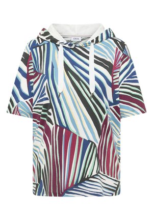 Hættetrøje med korte ærmer med flerfarvet abstrakt stribet mønster i blå, bordeaux, sort og hvid, med hvide snore.