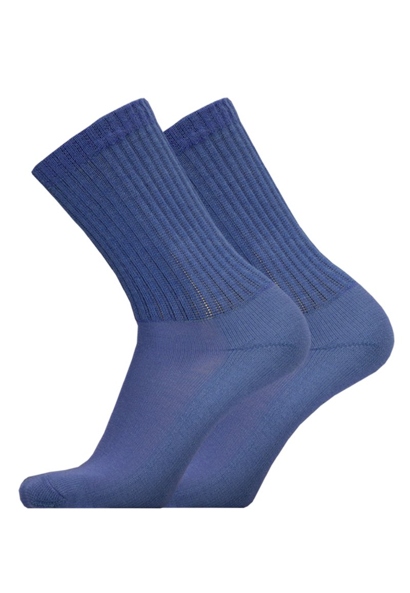 Blue cotton socks with ribbed tops and smooth texture, featuring a seamless toe and reinforced heels, presented in pairs.