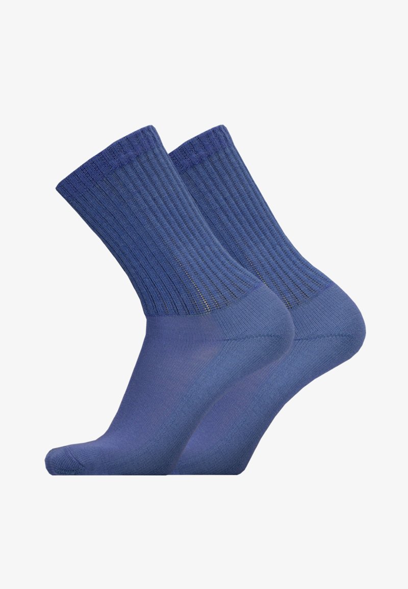 Blue cotton socks with ribbed tops and smooth texture, featuring a seamless toe and reinforced heels, presented in pairs.