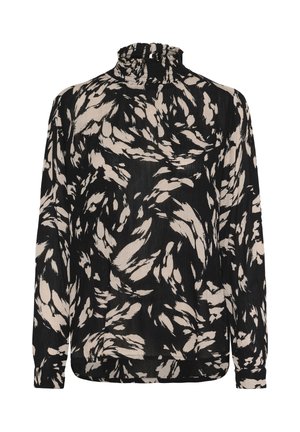Blouse noire à manches longues avec un col montant à volants, présentant un motif floral abstrait blanc et une coupe décontractée. Tissu texturé.