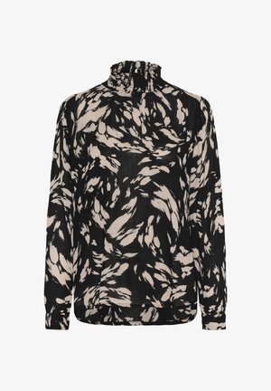 Blouse noire à manches longues avec un col montant à volants, présentant un motif floral abstrait blanc et une coupe décontractée. Tissu texturé.