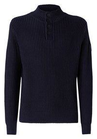 Pull en maille côtelée bleu marine avec col montant, patte de boutonnage à trois boutons et tissu texturé. Manches longues et ourlet ajusté.