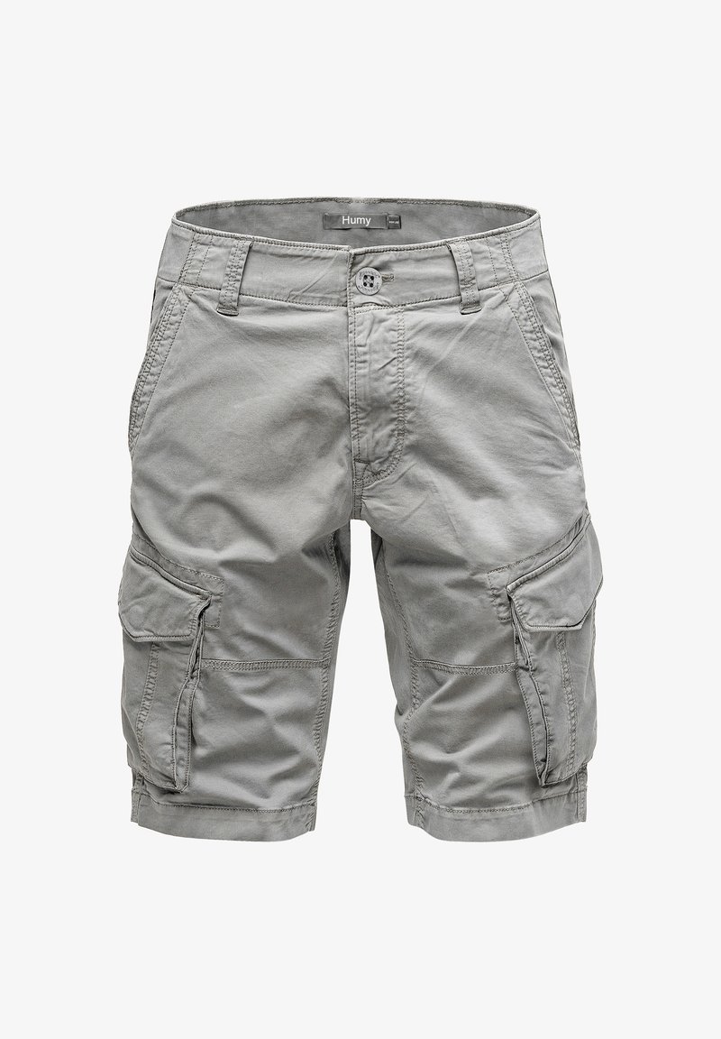 Gray cargo shorts made of cotton. Features multiple side pockets, belt loops, and a button closure. Smooth texture and knee-length design.