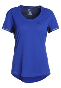 Blå sports t-shirt i ett andningsbart material, med korta ärmar, rund halsringning och reflexsydda sömmar på ärmarna.