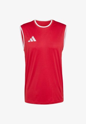 Rotes ärmelloses Sporttrikot mit weißem Besatz um Hals und Armlöcher, mit kleinem weißem Adidas-Logo auf der oberen linken Brust.