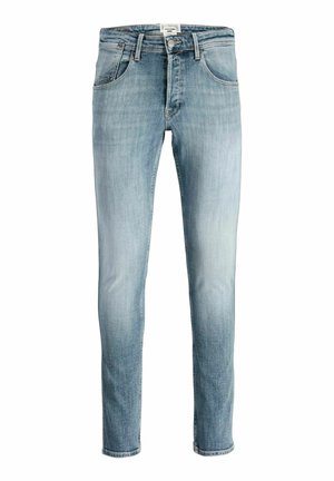 Ljusblå denimjeans, slim fit, midja i normalhöjd, femficksdesign, lätt blekning på framsidan, standard sömnad, utan synliga dekorationer.